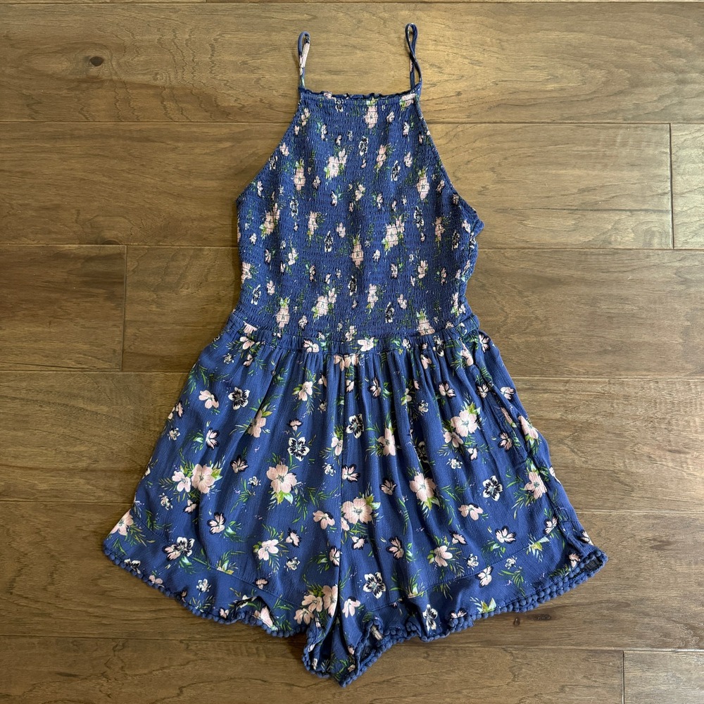 American Eagle Blue Floral Smocked Romper Pom Pom Trim Boho Summer‎ Small